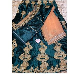 Unstitched - Dark Green / Peach / Gold Lehenga